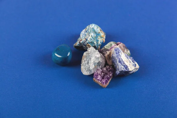 Set Close Natural Minerals Precious Stones Classic Blue Background Use — Stock Photo, Image