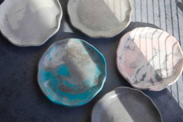 Pile Set Stone Curl Color Platter Gray Conrete Table Top — Stock Photo, Image