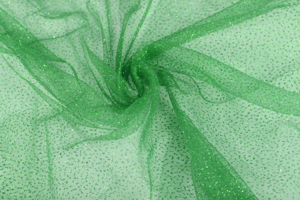 Lightweight Green Crumpled Beautifully Draped Lace Festive Tulle Fabric Sparkles — Stock Photo, Image