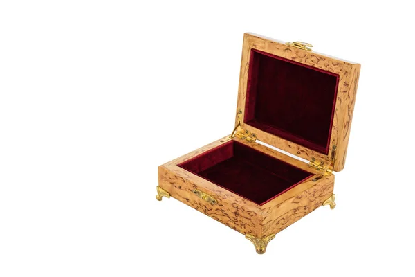 Empty Open Wooden Jewelry Box Velvet Lining Vintage Accessories Clipping — Stock Photo, Image