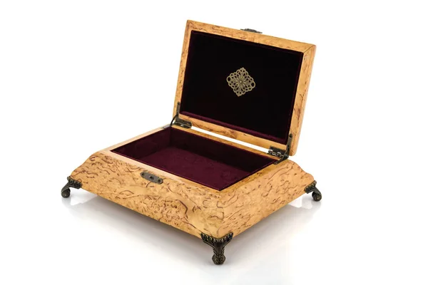 Open wooden jewelry box with velvet lining — Stok fotoğraf