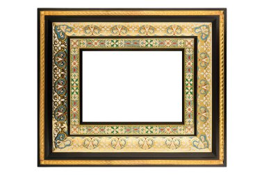 Beyaz arka planda izole edilmiş Siyah Altın Klasik Eski Vintage Wooden tuval çerçeve. Boş, güzel ve çeşitli konulardan oluşan baget kalıbı. Resim, ayna ya da fotoğraf çerçevelemek için tasarım ögesi.