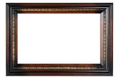 Kahverengi Klasik Eski Klasik Ahşap Model Tuvali çerçevesi beyaz arka planda izole edilmiş. Boş, güzel ve çeşitli konulardan oluşan baget kalıbı. Tasarım elemanı. resim, ayna ya da fotoğraf çerçevelemek için kullanılıyor.