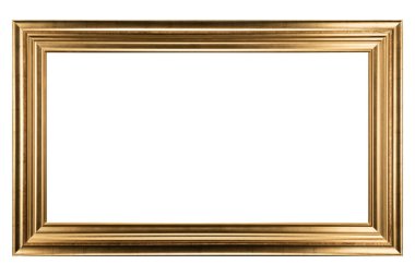 Beyaz arka planda izole edilmiş Eski Klasik Altın Renkli Ahşap tuval çerçeve. Boş, güzel ve çeşitli konulardan oluşan baget kalıbı. Tasarım elemanı. resim, ayna ya da fotoğraf çerçevelemek için kullanılıyor.