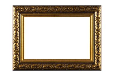 Beyaz arka planda izole edilmiş Eski Klasik Altın Renkli Ahşap tuval çerçeve. Boş, güzel ve çeşitli konulardan oluşan baget kalıbı. Tasarım elemanı. resim, ayna ya da fotoğraf çerçevelemek için kullanılıyor.