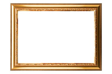 Beyaz arka planda izole edilmiş Eski Klasik Altın Renkli Ahşap tuval çerçeve. Boş, güzel ve çeşitli konulardan oluşan baget kalıbı. Tasarım elemanı. resim, ayna ya da fotoğraf çerçevelemek için kullanılıyor.