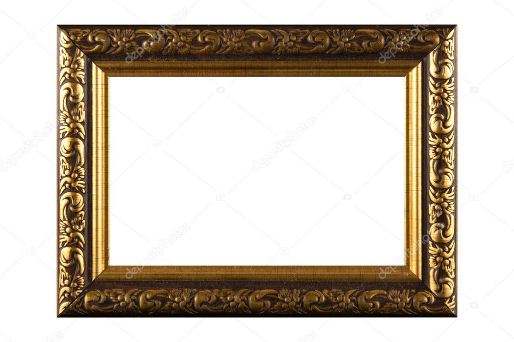 Gold Classic Old Vintage Wooden mockup canvas frame isolated on white background. Blank Beautiful and diverse subject moulding baguette. Design element. use for framing paintings, mirrors or photo.