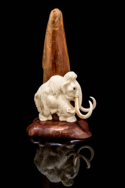 ivory statuette of elephant mammoth on black background with reflection. carved with a gouge from old bone. authentic decorative figure for interior.