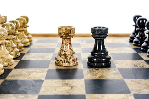 Two Rook Chess Pieces Rivals Centre Beige Black Coral Marble — Stock Photo, Image