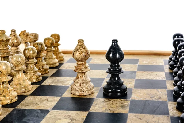 Two Bishop Chess Pieces Rivals Centre Beige Black Coral Marble — Stock Photo, Image