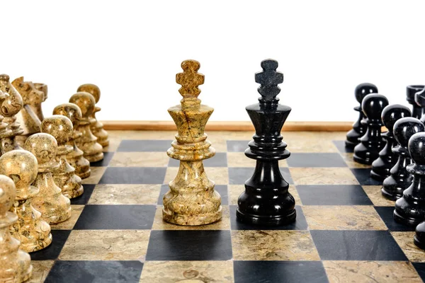 Two King Chess Pieces Rivals Centre Beige Black Coral Marble — Stock Photo, Image