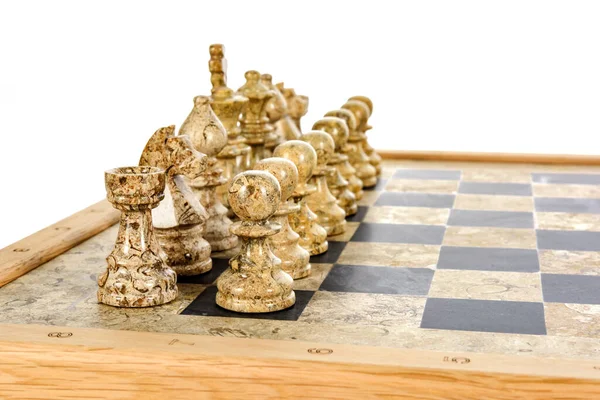 Chess Pieces Rivals Centre Beige Black Coral Marble Chessboard Close — Stock Photo, Image