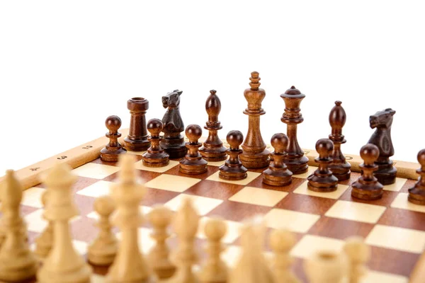 Beige Brown Wooden Chess Different Pieces Igures Standing Chessboard Close — Stock Photo, Image