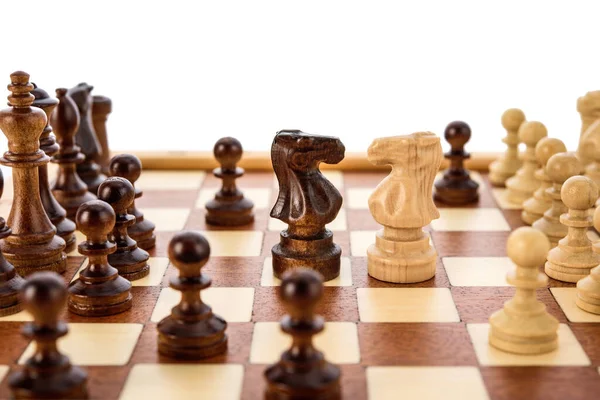 Beige Brown Wooden Chess Different Pieces Igures Standing Chessboard Close — Stock Photo, Image