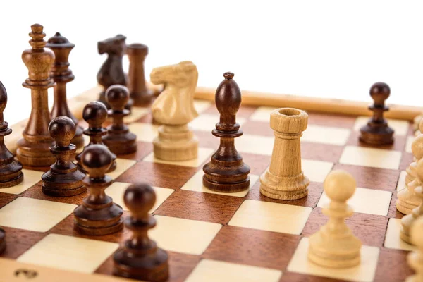 Beige Brown Wooden Chess Different Pieces Igures Standing Chessboard Close — Stock Photo, Image