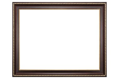 Kahverengi Klasik Eski Klasik Ahşap Model Tuvali çerçevesi beyaz arka planda izole edilmiş. Boş, güzel ve çeşitli konulardan oluşan baget kalıbı. Tasarım elemanı. resim, ayna ya da fotoğraf çerçevelemek için kullanılıyor.