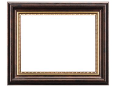 Kahverengi Klasik Eski Klasik Ahşap Model Tuvali çerçevesi beyaz arka planda izole edilmiş. Boş, güzel ve çeşitli konulardan oluşan baget kalıbı. Tasarım elemanı. resim, ayna ya da fotoğraf çerçevelemek için kullanılıyor.