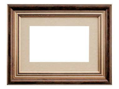 Kahverengi Klasik Eski Klasik Ahşap Model Tuvali çerçevesi beyaz arka planda izole edilmiş. Boş, güzel ve çeşitli konulardan oluşan baget kalıbı. Tasarım elemanı. resim, ayna ya da fotoğraf çerçevelemek için kullanılıyor.