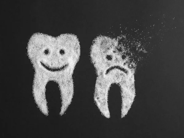 Sugar Harm Enamel Image Sugar Teeth Black Background Process Tooth — Stock Photo, Image