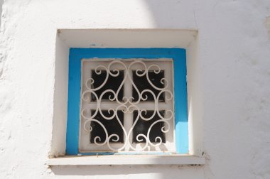 Güzel pencere Mykonos Adası, Kiklad Adaları, Yunanistan.