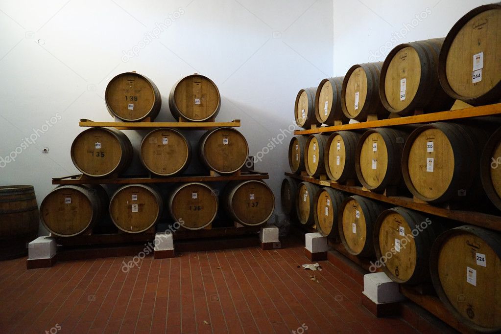 Cellar of wine aging in barrels in Pyrgos,Santorini.