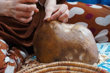 Bayan argan fındık, el ile bir taşla raf 