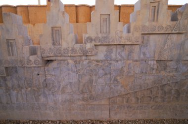 Ayrıntılı bir rahatlama Persepolis İran'ın Doğu merdiven. UNESCO Dünya Mirası Persepolis kalıntıları 1979 yılında ilan.