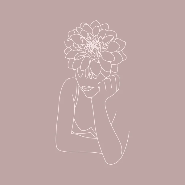 Line Art Cara Mujer Con Flores Figura Femenina Mínima Abstracta — Vector de stock