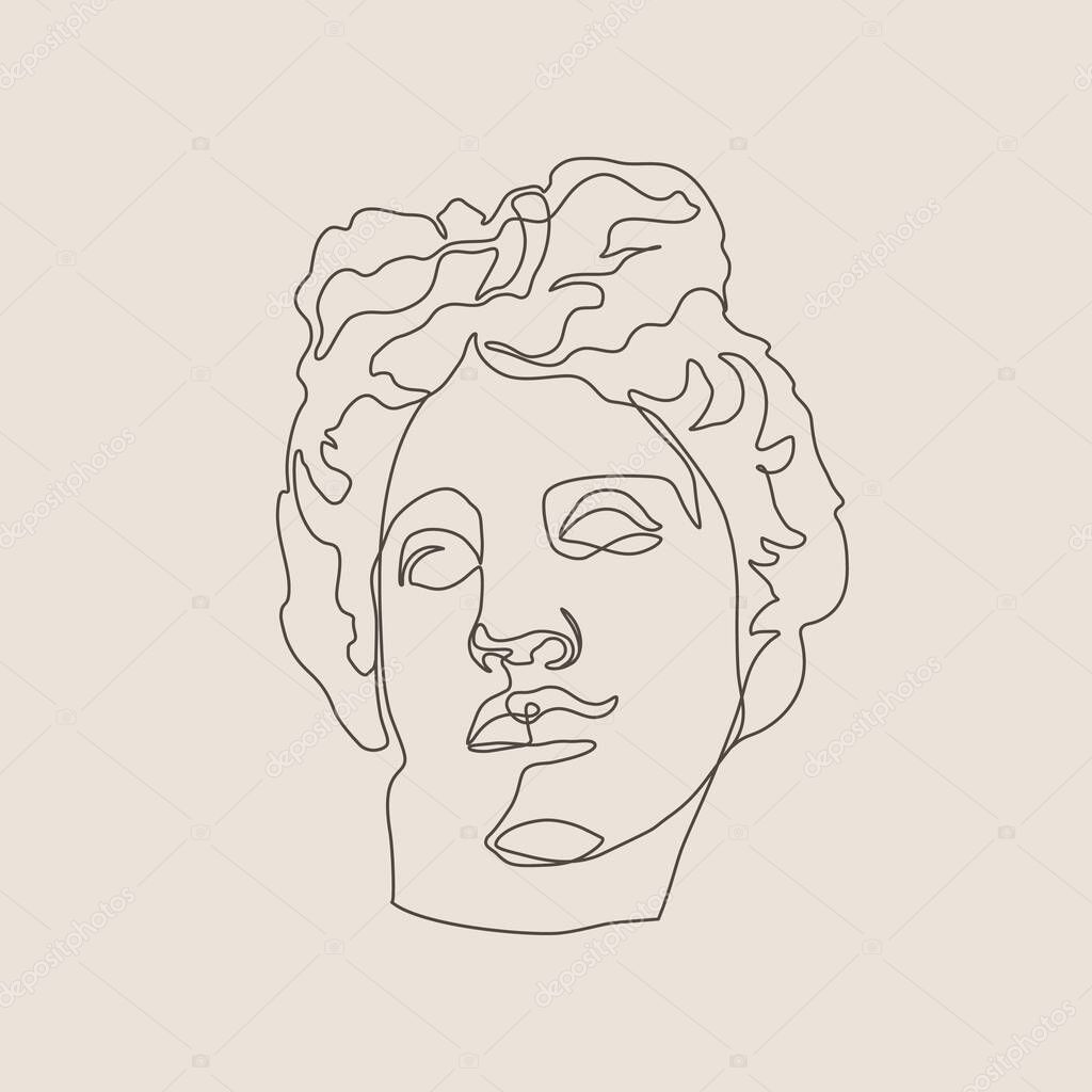 One line Sculpture of Apollo in a minimalistic trendy Style. Vector Illustration of the Greek God for Prints on t-Shirts, Posters, Postcards, Tattoos and more.