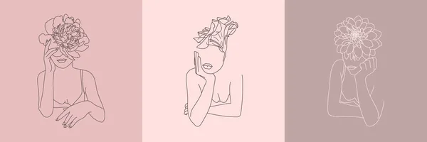 Set di astratto minimalista figura femminile con fiori. Illustrazione vettoriale della moda del corpo femminile — Vettoriale Stock