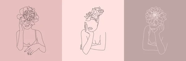 Çiçeklerle birlikte bir dizi soyut minimalist kadın figürü. Kadın vücudunun vektör moda illüstrasyonu