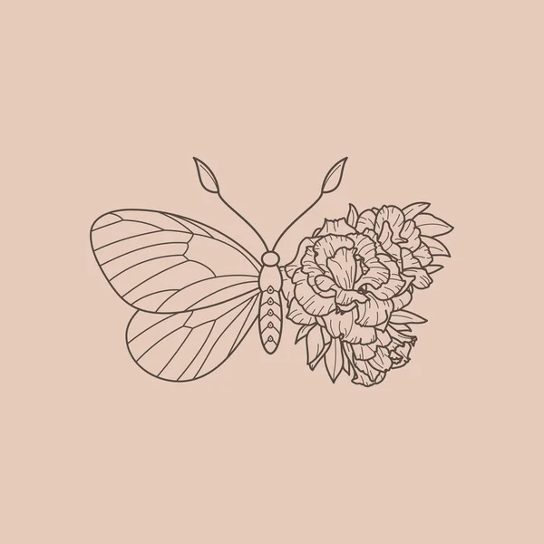 Ícone de borboleta floral em um estilo moderno minimalista linear. Vector esboço Emblema das Asas com Flores — Vetor de Stock