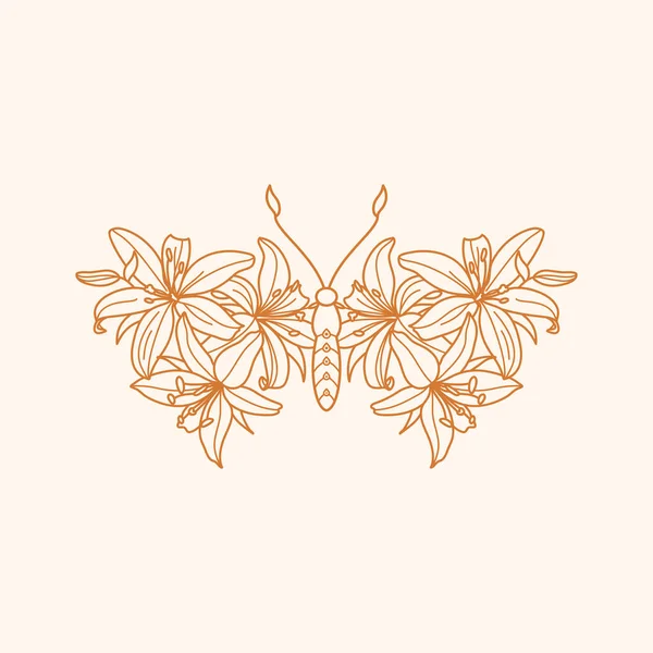 Kwiatowa ikona motyla w stylu minimalistycznym liniowym. Zarys wektora Godło skrzydeł z kwiatami — Wektor stockowy