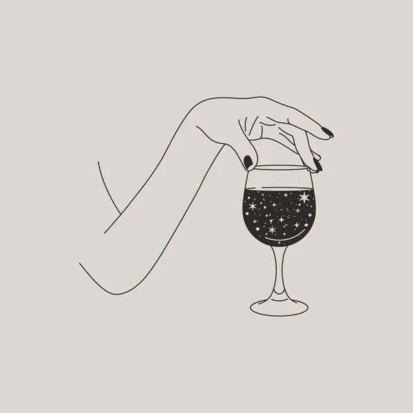 Mano Della Donna Tiene Bicchiere Wine Space Stars Uno Stile — Vettoriale Stock
