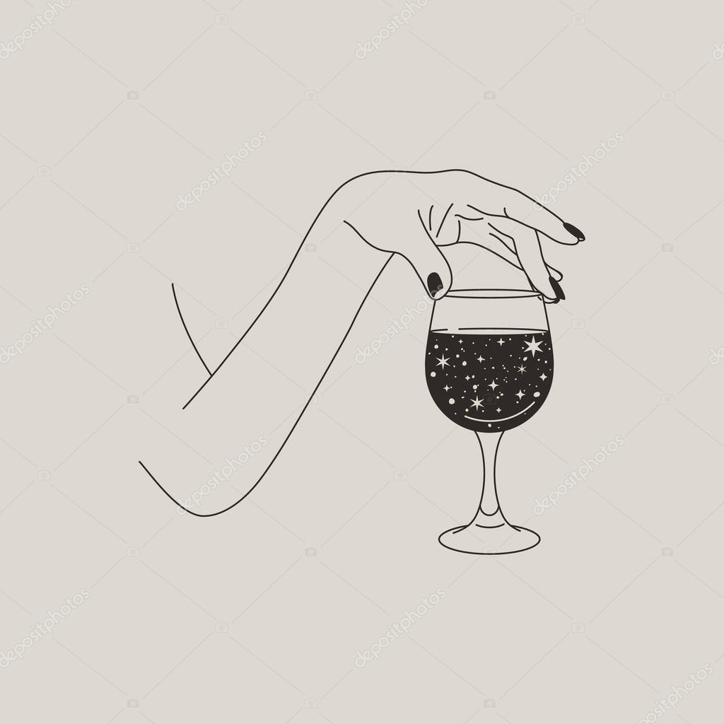 Woman's Hand Holds a glass of Wine Space Stars in a Minimal Style . Vector Fashion Illustration of the female body in a trending linear style. Fine art for posters, tattoos, store and Bar logos