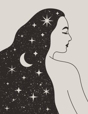Mystical Woman with the Moon and the Stars in her Hair in a Trendy Boho Style. Vector Space Portrait of a girl for wall print, t-shirt, tattoo Design, for social media post and stories