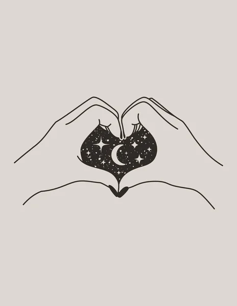 トレンディなボホールスタイルで月と星と神秘的な女性の手の心 壁の印刷のためのベクトルパームアイコン Tシャツ タトゥーデザイン ソーシャルメディアの投稿や物語のための — ストックベクタ
