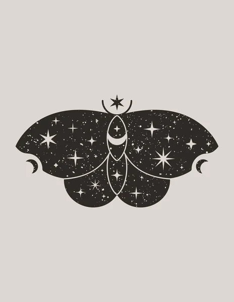 トレンディーなボホールスタイルの神秘的な黒蝶 星と月のベクトル魔法の母シルエットは Tシャツ タトゥー ソーシャルメディアの投稿や物語に印刷するための — ストックベクタ