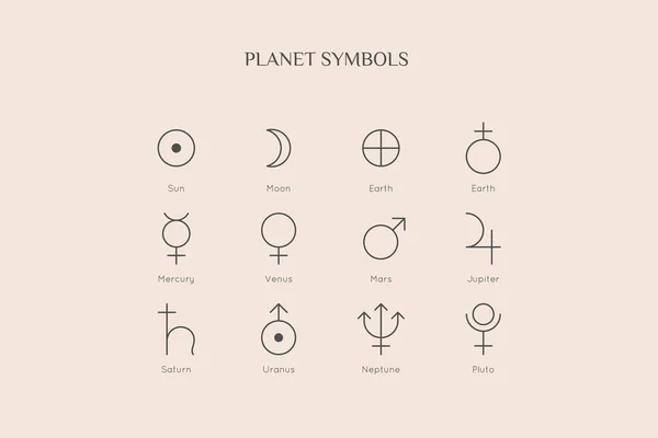 Iconos Planet Symbol en estilo Minimal Trendy Liner. Signo astrológico vectorial: Sol, Luna, Tierra, Mercurio, Venus, Marte — Vector de stock