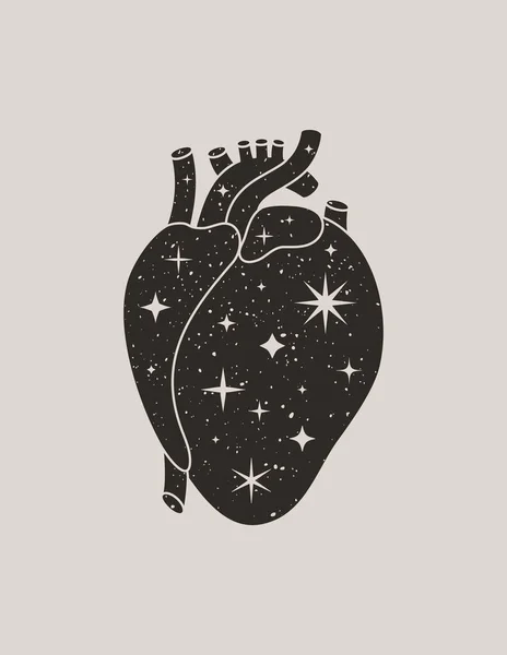 Coração preto místico em um estilo de Boho na moda. Coração anatômico de silhueta vetorial com estrelas — Vetor de Stock