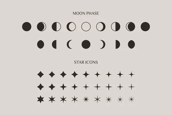 Set of Moon Phase And Stars Sparkles Sign in a Trendy Minimal Style. Vector Icons — Stock Vector