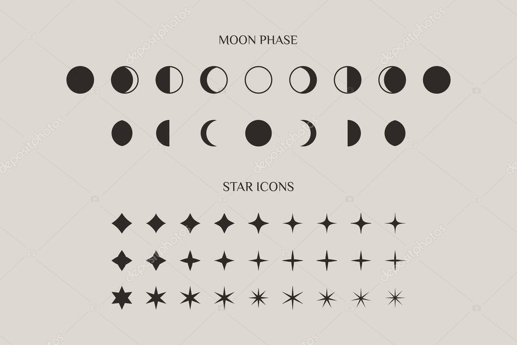 Set of Moon Phase And Stars Sparkles Sign Symbol in a Trendy Minimal Style. Vector Icons for Creating Logos, Patterns and Web design