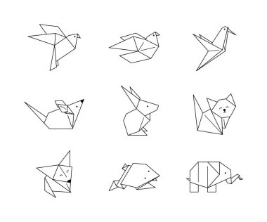 Origami Hayvanlar Simgeleri Eğilimli Minimalist Tarzı ile Ayarlandı. Katlanmış Kağıt Hayvan figürleri. Vektör Resimleri