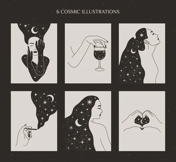 Gizemli Kadınlar, Ay ve Yıldızlar, Bir bardak şarap ve sigaralı Kadın Elleri. Vektör Resimleri