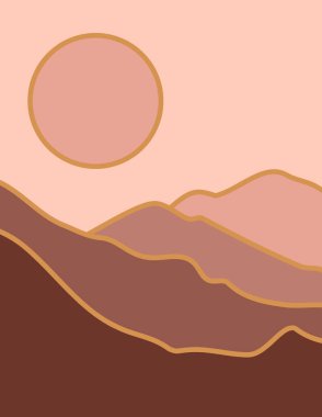 Güneşli Dağların Asgari Eğilimli Manzarası. Terracotta Renklerinde Vektör Arkaplanı