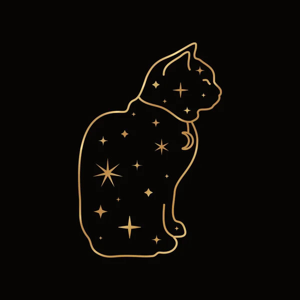 Mystical Golden Cat on a Black Background in Trendy boho style. Vector magic cat silhouette with stars and Moon — Stock Vector