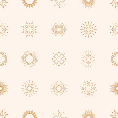 Minimal Liner tarzında Boho Golden Sun Pürüzsüz Deseni. Kumaş baskısı, Kapağı, Paketleme için Vektör Pembe Arkaplan.