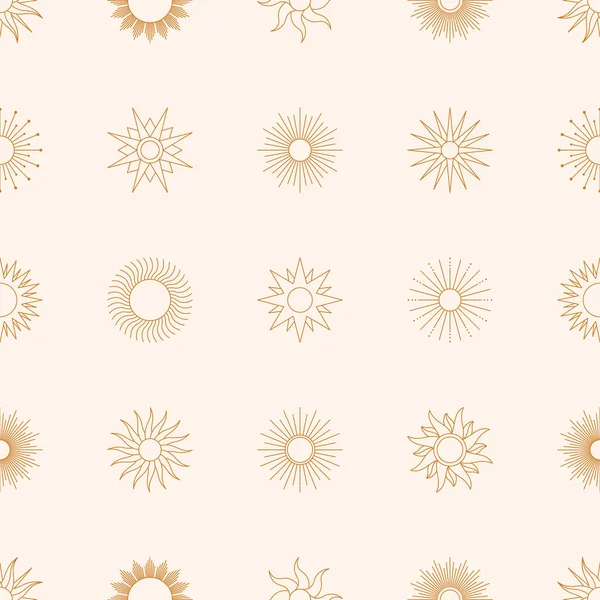 Boho Golden Sun Seamless Pattern in Minimal Liner Style. Vector Pink Background for Fabric print, Cover, Wrapping. — Stock Vector