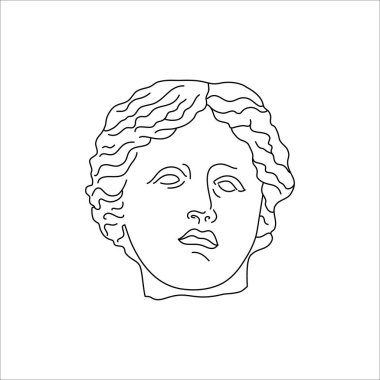 Minimal Liner Moda Tarzı Antik Heykel Başı. Tişörtlerdeki Yazılar için Yunan Tanrısının Vektör İllüstrasyonu
