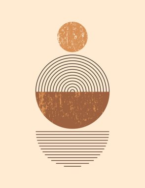 Basit Geometrik Şekiller Çizgiler ve Çemberlerle Soyut Modern Sanat Arkaplanı. Vektör Boho İllüstrasyonu